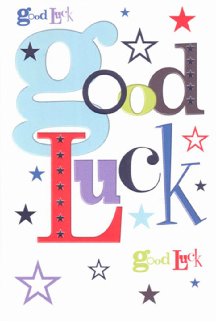 This luck-themed card feels like a miniature celebration on paper, its design bursting with typography and stars that seem to cheer from the sidelines. The phrase Good Luck stretches across the centre, each letter taking on its own style, from wide pastel-blue shapes to slender midnight-black strokes and exuberant red and moss-green forms, all sitting comfortably together against a bright white background. The interplay of fonts creates a rhythmic, almost musical effect, echoing the lively conversations you might overhear outside the local shops in Berrylands when neighbours send someone off on a new adventure. Dotted and scattered around the lettering are colourful stars-navy, indigo, sky-blue, lilac, and soft lemon-lime-some solid and vivid, others translucent and whisper-light, like confetti caught in a gentle breeze across a Kingston Road celebration. The paper looks crisp and robust, likely a smooth, quality cardstock with the slightest suggestion of weight, giving the impression that the card would stand proudly on a mantelpiece beside a fresh, hand-tied bouquet. Soft, natural-looking lighting enhances every colour without glare, allowing the blues to stay cool and calm while the reds and purples bring warmth and excitement, resulting in a balanced, modern composition. Around the bold lettering, open white space gives each element room to breathe, preventing clutter and reinforcing a sense of calm confidence. This card feels like the visual equivalent of friends and family gathering at a Berrylands doorstep to send someone off to university, a new job in London, or an important exam-full of gentle laughter, encouragement, and a heartfelt belief that things will go well, no matter how big the leap.